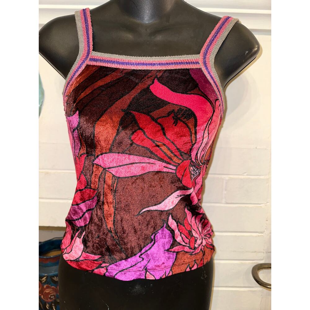 VINTAGE ESTATE LUXE DESIGNER VELOUR PRINT TANK TOP KNIT TRIM XS